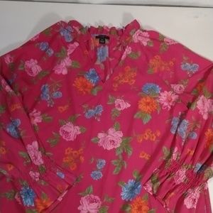 Ann Taylor Floral Island Smocked Flounce Pink Top Blouse SP Spring Elegant Fun
